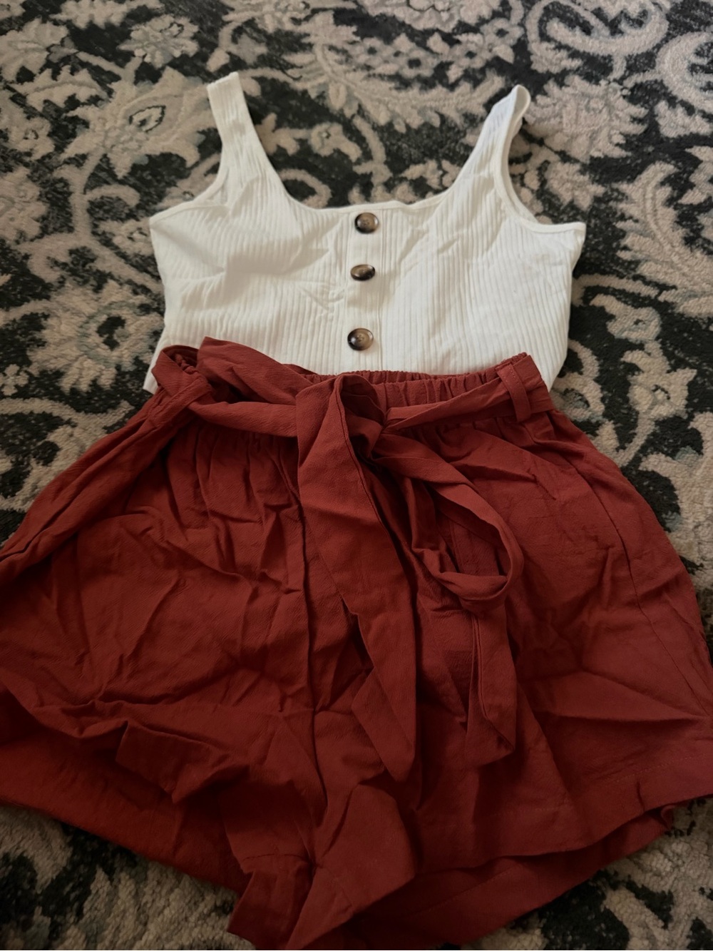 SHEIN White Ribbed Tank & Rust Red Paperbag Shorts Set
